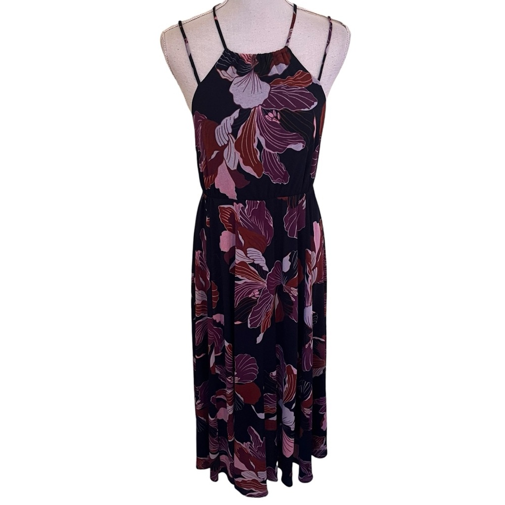 Anthropologie Navy Blue/Purple Tropical Floral Mesh Knit Halter Midi Dress